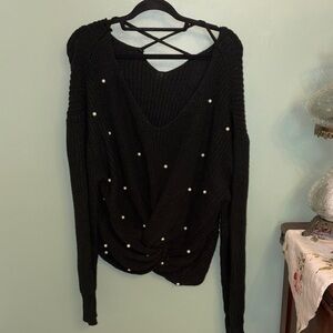 SHEIN Black Knit Sweater with Pearl Details